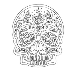 Floral Decorated Skull Line Art Illustration