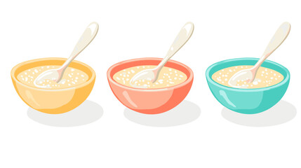 Three Bowls of Oatmeal with Spoons, Pastel Yellow Coral and Teal