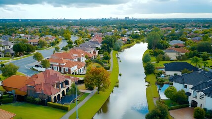Fototapeta premium Luxury Waterfront Homes Aerial View - Aerial photography