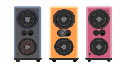 Fototapeta premium Three Colorful Vertical Speakers Set Against White Background