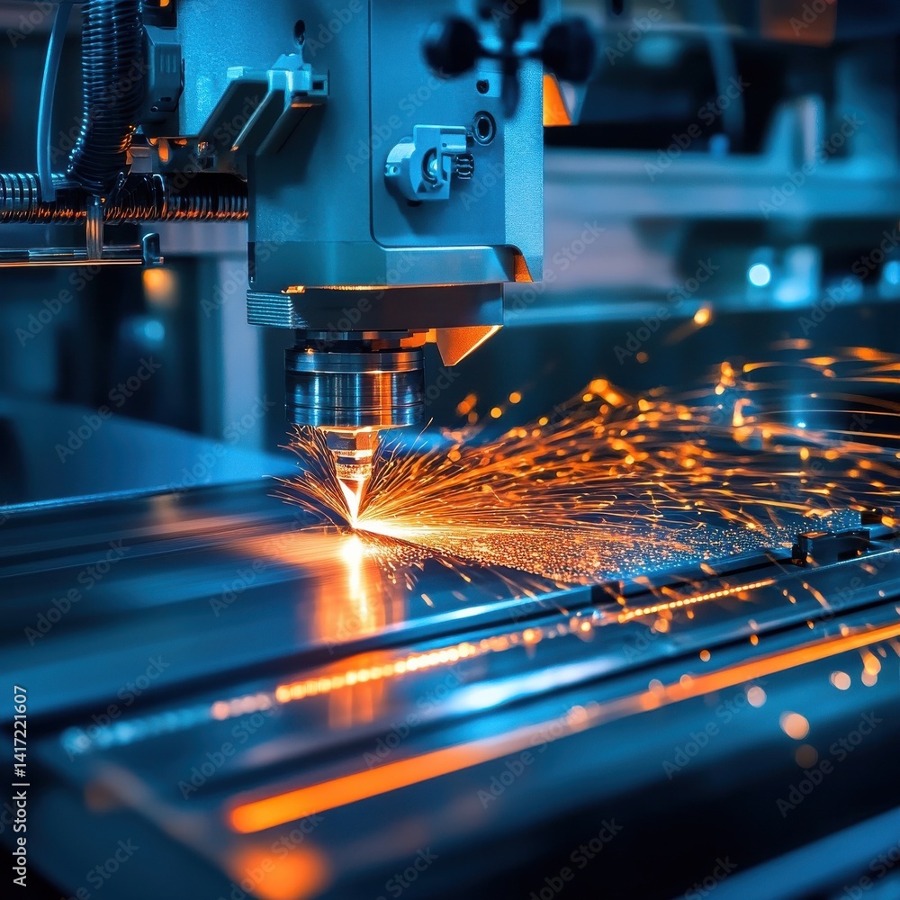 Aufkleber a high-tech cnc machine in operation with blue and orange lights and digital data streams, symbolizi