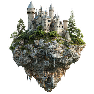 Fantastical castle on a floating island png magical airborne fortress png enchanting surreal architecture png imaginative mythical structure png dynamic fairy tale scene transparent background image