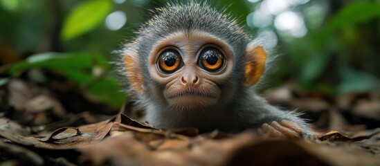 Obraz premium Baby monkey in jungle, curious gaze, leaf litter