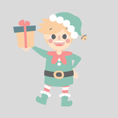 merry christmas and happy new year with cute little elf dwarf and present gift, flat vector illustration cartoon character costume design