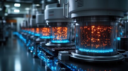 Advanced machinery in a futuristic factory showcasing glowing components and high-tech processes