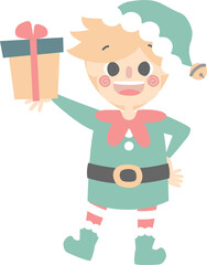 merry christmas and happy new year with cute little elf dwarf and present gift, flat png illustration cartoon character costume design
