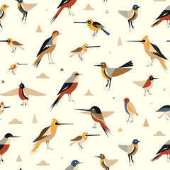 Obraz premium A charming, repeating pattern of stylized birds in a variety of colors against a soft background.