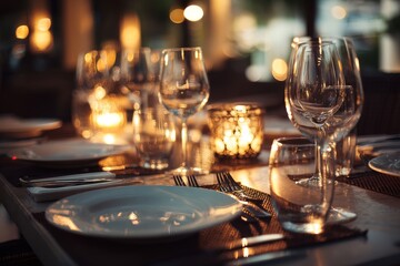 Fototapeta premium Romantic Dinner Table Setting: Elegant Glassware, Candlelight, Plates, and Cutlery Enhance Ambiance for a Memorable Evening