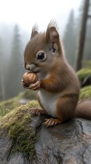 Obraz premium Cute Squirrel Eating Nut on Mossy Rock in Foggy Forest