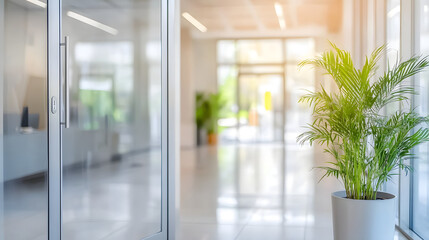 Fototapeta premium Modern office interior view with blurred door and greenery bright workspace calm environment