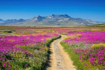 Serene Trail Amidst Blooming Flora on a Bright Sunny Day in a Picturesque Mountain Landscape