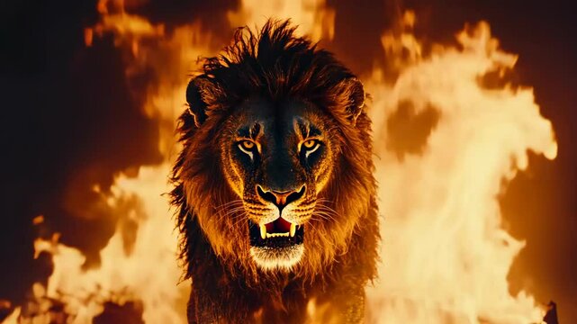 Powerful lion roaring with bright burning flames background. Majestic predator showing its teeth surrounded by blazing fire. Dangerous feline portrait.