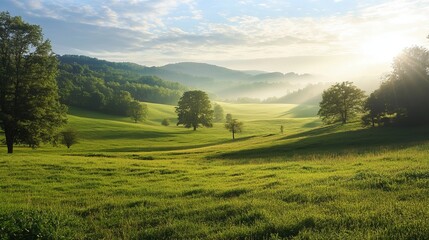 Obraz premium Serene Green Valley Landscape with Rolling Hills and Trees at Sunrise