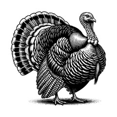 Turkey sketch engraving black and white outline. Scratch board imitation.  illustrated in vintage line art style on a white background.