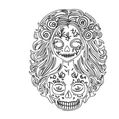 Sugar Skull Woman Duo Black and White Illustration