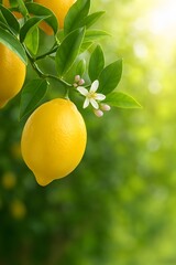 Fresh yellow lemon hanging from a tree branch with green leaves and white blossoms, bathed in sunlight, symbolizing freshness, nature, citrus fruit, and organic growth.