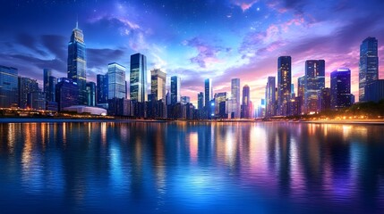 Fototapeta premium Cityscape Night Reflection Skyline - Vibrant Colors