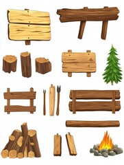 Fototapeta premium Old wood collection. Timber, logs pine tree elements. Isolated wooden signs, blanks and street road sign. Cartoon boards planks, village fence and camp fire vector set illustration
