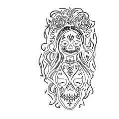 Day of the Dead Skull with Roses Outline Art