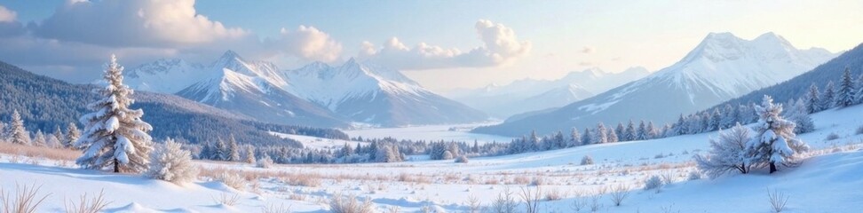 Winter landscape with snow-covered fields and distant mountains, winter, frozen, landscape