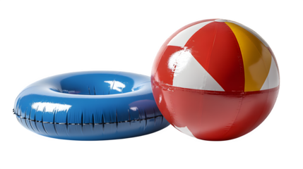 Inflatable beach ball and swim ring combo, fun pool time setup, isolated on white background