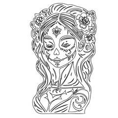 Black and white drawing of Day of the Dead girl