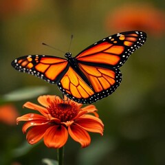 Vibrant monarch butterfly perched on blooming flower with wings fully spread, morning dew glistening on petals

