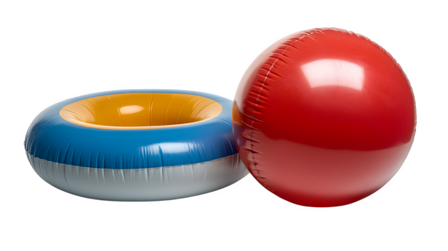 Inflatable beach ball and swim ring combo, fun pool time setup, isolated on white background