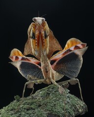 Leaf mantis (Deroplatys lobata) with broad, ornate lobes mimicking foliage. Cryptic camouflage on a...