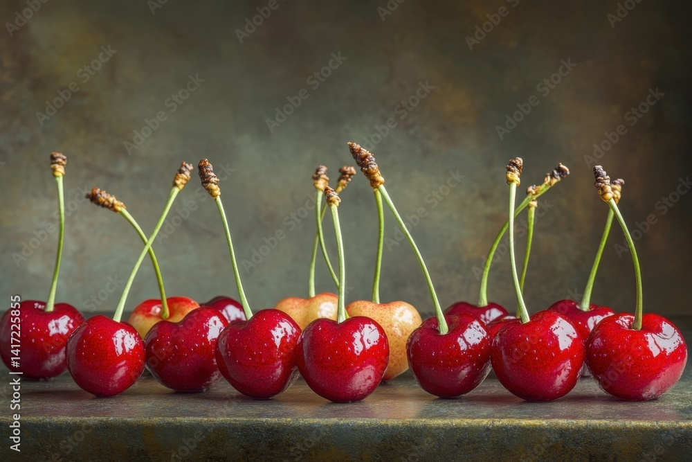 Poster fresh cherries displayed on a textured surface with a beautiful backdrop in soft lighting