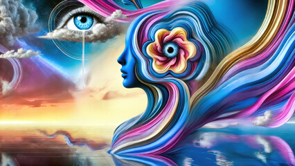 A surreal portrait of a blue figure with flowing multicoloured hair, a flower-shaped eye, and a large crying eye in the sky above a dreamy ocean and glowing sunset.