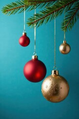 ornaments hanging from a branch on a blue background, winter, holiday decor