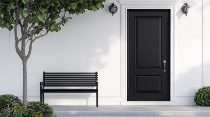 Fototapeta premium Elegant Black Door Accompanied by Simple Bench and Greenery