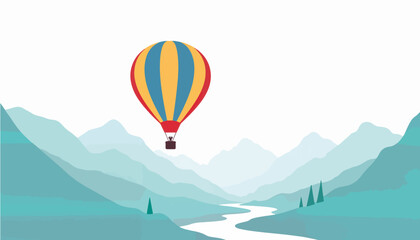 Obraz premium Hot air balloon flying over tranquil mountains and river 