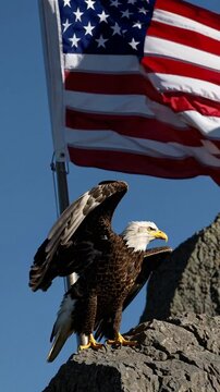 Bald eagle in front of American flag, symbol of patriotism and freedom, vertical format