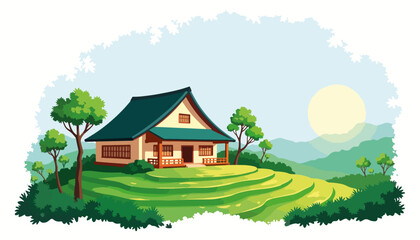 Cozy house nestled in green hills under sunny sky  