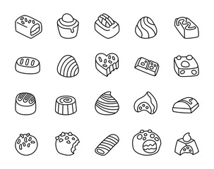 Delicious chocolate candy set featuring hand drawn sweet treats with creamy fillings, crunchy toppings, fun shapes, and cute outline cartoon design elements
