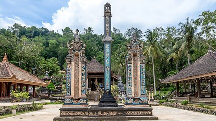 Ornate temple entrance with carved pillars and lush greenery.
