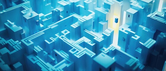 Abstract blue and white geometric shapes in a grid pattern with a bright light shining on a small blue cube in the center of the grid.