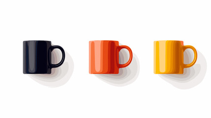 Three Mugs in Black Orange and Yellow on White Background