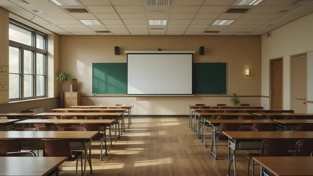 Rays of light falling to the empty classroom with chalkboard and rows of desks with chairs. Break at abandoned school disturbing mood. Slider shot 4k video footage