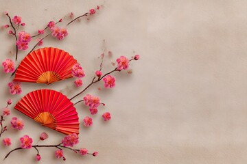A delicate arrangement of two vibrant red folding fans nestled amidst blooming pink cherry blossom branches, symbolic of prosperity and celebration, against a subtle backdrop.