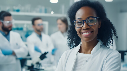 Diverse team of scientists in laboratory young African American woman in glasses smiling in foreground teamwork and innovation in medical and scientific research. Modern lab environment  