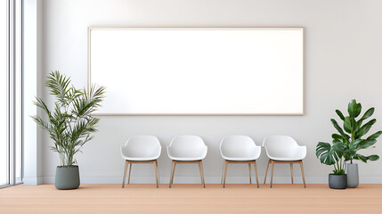 Mock up of white horizontal poster frame on modern wall in minimalist waiting room interior with chairsgreen plants perfect for advertisement information board design. Banner copy space  