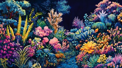 Obraz premium Vibrant Garden Path: A whimsical floral landscape painting