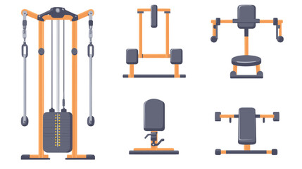 Various Gym Exercise Machines: Strength Training Equipment Illustrations