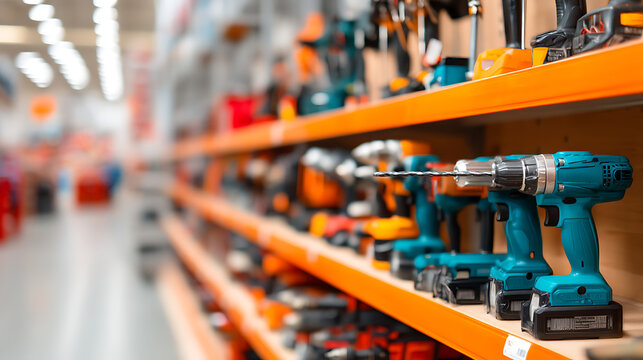 Hardware store aisle featuring a wide variety of cordless power tools for construction and renovation  