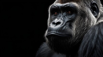 Obraz premium A silverback gorilla portrait, intense gaze, black background, monochrome fine art style, detailed skin and fur texture, dramatic lighting,Generative Ai 