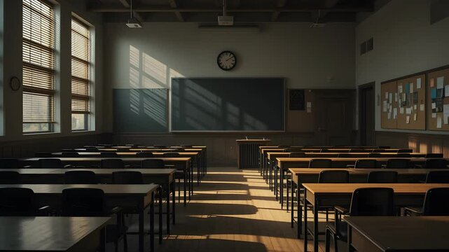 Rays of light falling to the empty classroom with chalkboard and rows of desks with chairs. Break at abandoned school disturbing mood. Slider shot 4k video footage