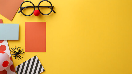 A colorful flat lay of April Fools' Day props: fake glasses a clown nose plastic spiders and joke cards on a vibrant yellow background.  
